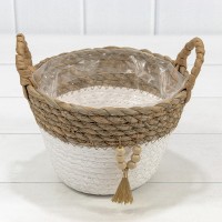 Корзина плетёная Круглая 18*13 (±5%) из камыша и бумаги с ручками Натуральный/Белый 1/96 Арт: 420126/1