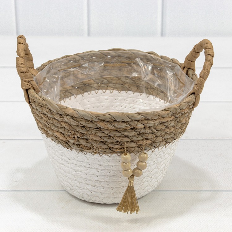 Корзина плетёная Круглая 18*13 (±5%) из камыша и бумаги с ручками Натуральный/Белый 1/96 Арт: 420126/1