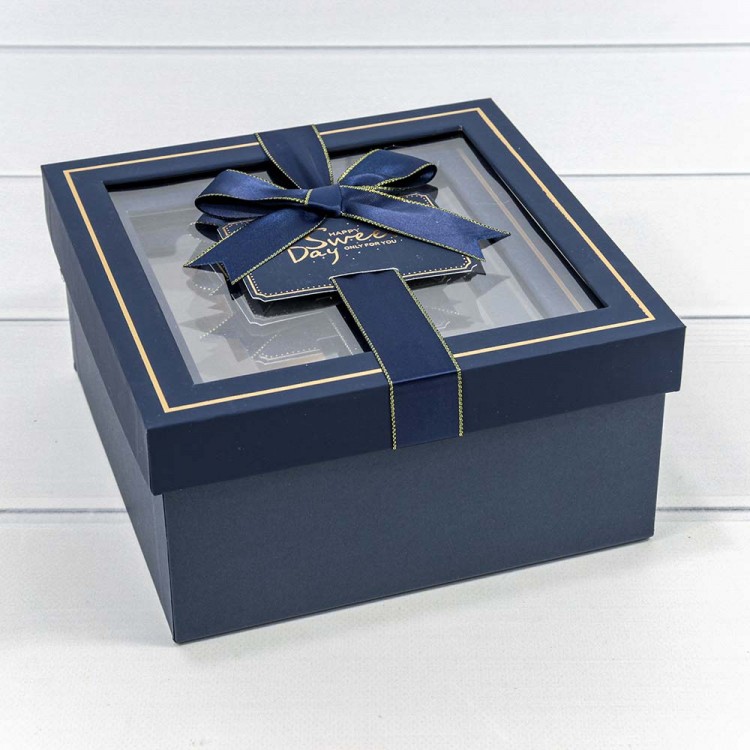 Коробки Квадратные Набор 1/3 19*19*9,5 с окошком и бантом Тёмно-синий 1/18 Арт: 721308/4
